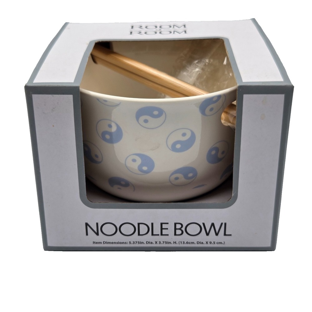 Ceramic Yin Yang Noodle Bowl W/ Chopsticks‎ & Spoon, Blue & White NIB